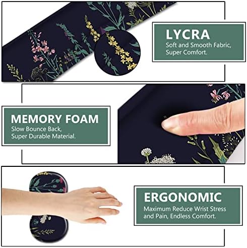 AIMSA Keyboard Wrist Rest Support + Mouse Pad + Mouse Wrist Rest + Coaster, Ergonomic Memory Foam Anti-Slip Rubber Base 4 PCS Set Easy Typing Pain Relief, Flowers Plants