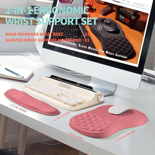 2-in-1 Ergonomic Set, Wave Rise Keyboard Wrist Rest and Massage Bulge Slope Mouse Pad Wrist Support, Cushion Memory Foam Integrated to Relieve Wrist Pain, Muskmelon Pink
