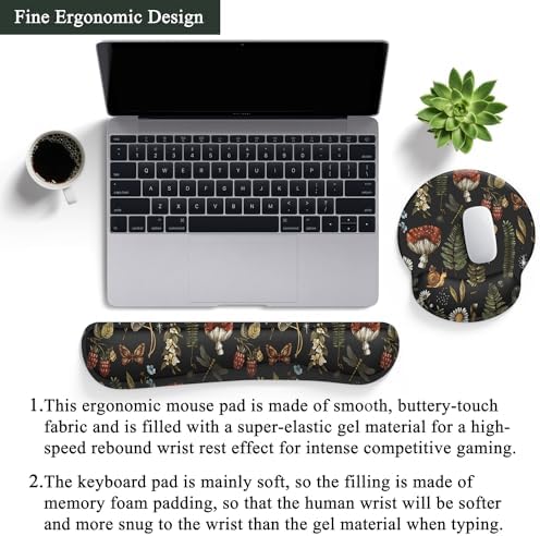 Plant Mushroom Mouse Pad Black Aesthetic Ergonomic Desk Pad Wrist Support Keyboard Wrist Rest Set, Mouse Pad with Non-Slip Pu for Office Comfortable Mouse Wrist Rest for Easy Typing & Pain Relief.