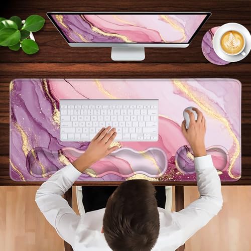 Keyboard Wrist Rest and Mouse Pad with Wrist Support Set Ergonomic Coaster,Memory Foam,Easy Typing Pain Relief,Large XL Desk Mat 31.5"x 11.8",Marble Pretty Pink