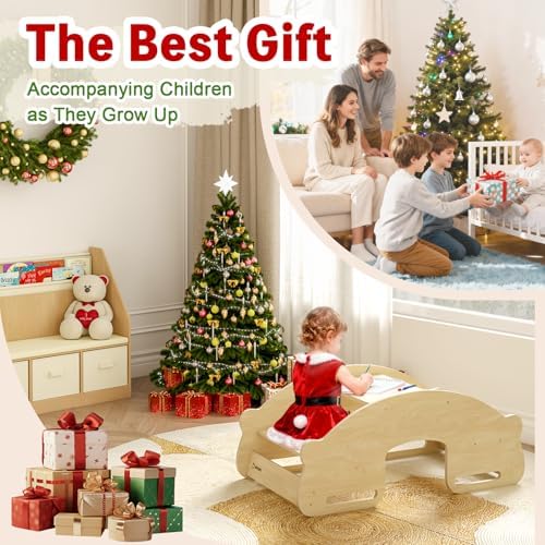 3-in-1 Kids Table and Chair and Kid Seesaw - Convertible Activity Table with Twin Chairs Montessori Balancing Toy,Teeter Board for Children,Birchwood