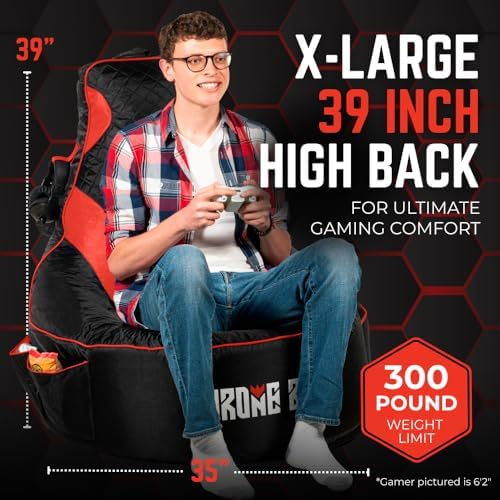 Gaming Bean Bag Chair Cover for Adults, High Back, Large Pockets, Red