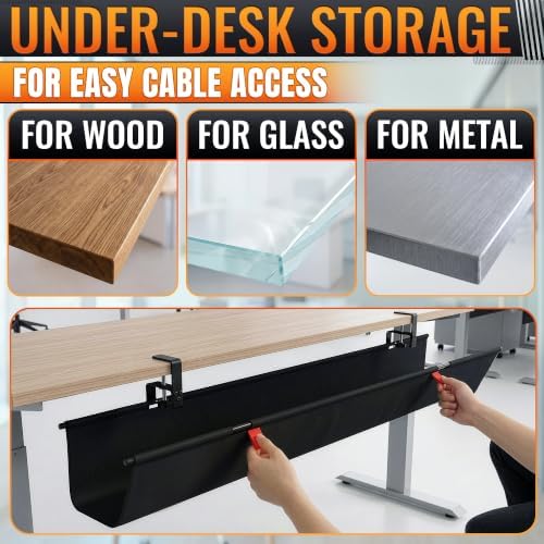 Under Desk Cable Management Tray 36" — No Drill Clamp-On Cord Organizer for Desk with Built-in Ties, Heavy Duty Metal Clamp, Foldable 600D Oxford Fabric for Home Office, WFH & Gaming PC Setup (Black)