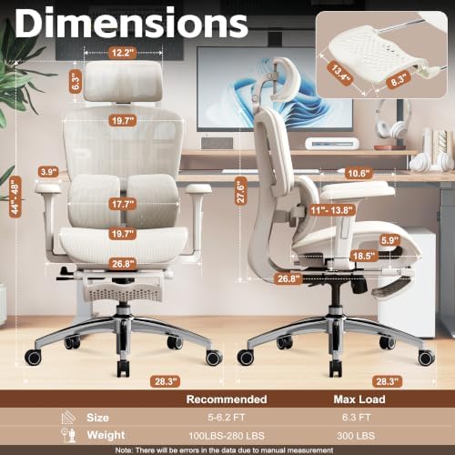 Vonesse Ergonomic Office Chair,Desk Chair with Adjustable 3D Headrest and Armrests, Gaming Chair with Dynamic Lumbar Support & Adjustable Depth Breathable Mesh Seat (White)