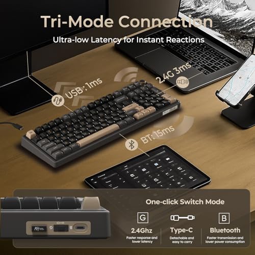 RK ROYAL KLUDGE R98 Pro Wireless Mechanical Keyboard, Creamy Bluetooth/2.4GHz/Wired RGB Gaming Keyboard with Number Pad and Knob, MDA Profile PBT Keycaps, Gasket Hot Swappable Linear Switch, Black