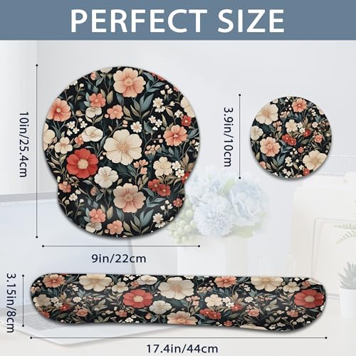 Keyboard Wrist Rest Pad Ergonomic Mouse Pad Set,Vintage Floral 3 in 1 Memory Foam Mouse Pad with Non Slip Base for Office and Home