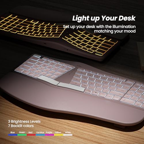 Nulea RT05 Wireless Ergonomic Keyboard, Split Keyboard with Wrist Rest, USB-C Charging, 7-Color Backlight, Natural Typing, Bluetooth and USB Connectivity, Compatible with Windows/Mac(Pink)
