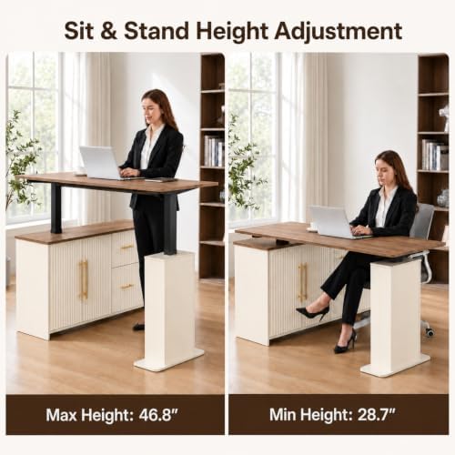 NORTHSKY 55" L Shaped Electric Standing Desk with Drawers and Storage Cabinet, Height Adjustable Corner Desk with 3 Memory Presets for Home Office, Walnut & Distressed White