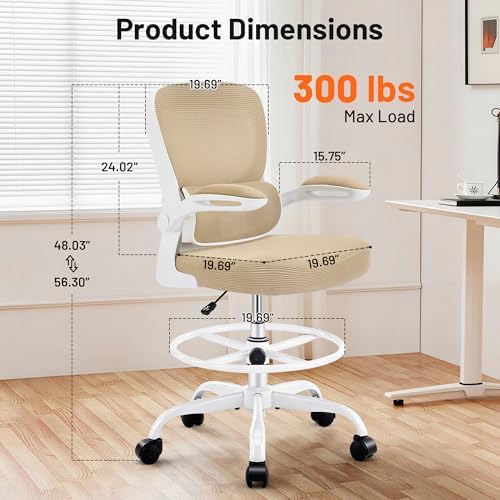 AreShark Drafting Chair - Ergonomic Tall Office Chair with Lumbar Support and Flip-up Armrests - High Standing Desk Chair Breathable Mesh with Adjustable Footrest Ring and Height for Home Office