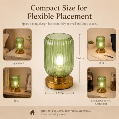 Cordless Glass Table Lamp, 3 Color Modes & Stepless Dimming, Green