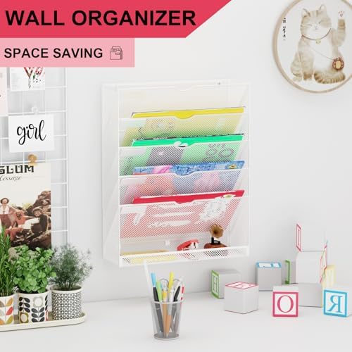 Hanging Wall File Organizer 6 Tier Wall Mounted File Holder Document Wall Organizer Magazine Organization for Office Home, White