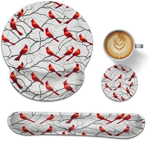 Cardinal Ergonomic Keyboard and Mouse Wrist Rest Set, Christmas Mouse Pad with Non Slip Base, Soft Cloth Surface for Office and Home Typing Support