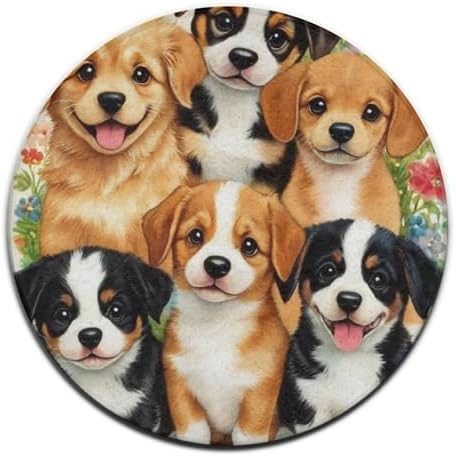 Large Home Decor Mat, Soft Round Yoga Carpet, Non Slip Machine Washable Home Office Circle Rug Puppy