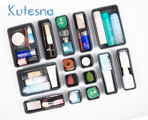 Kutesna 15 PCS Interlocking Desk Drawer Organizer Separator for Office,Bathroom,Kitchen,Makeup（Black） (Pack of 3)