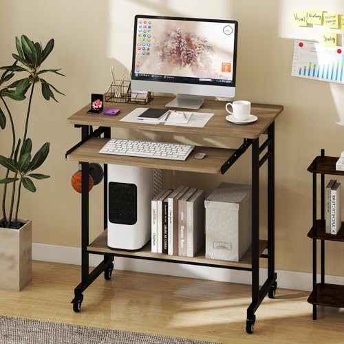 Tangkula Rolling Computer Desk Cart with Keyboard Tray, Mobile Portable Laptop PC Desk with CPU Stand & 3 Hooks for Sofa & Bed, Compact Small Desk on Wheels for Small Spaces (Grey)