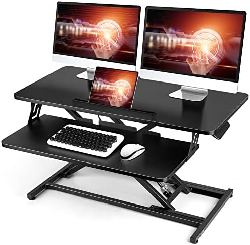 Standing Up Desk Converter 32" Height Adjustable Sit Stand Desk with Removable Keyboard Tray, Large Desk Riser Ergonomic Gas Spring Dual Monitor Workstation for Home Office