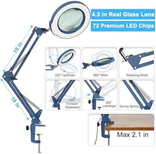 10X Magnifying Glass with Light and Clamp, Real Glass Stand Lighted Magnifier, 5 Color Modes Stepless Dimmable LED Desk Lamp Hands Free for Crafts Hobby Reading Painting Sewing Close Work - Blue