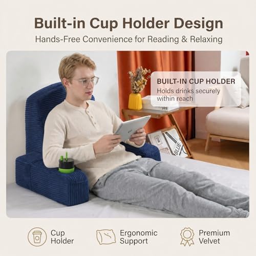 Reading Pillow for Adults, Back Pillow for Bed Sitting Up, Backrest Pillow for Sitting in Bed, Detachable Arms with Built-in Cup & Phone Caddy (Dark Navy-Corduroy, 21 INCH)