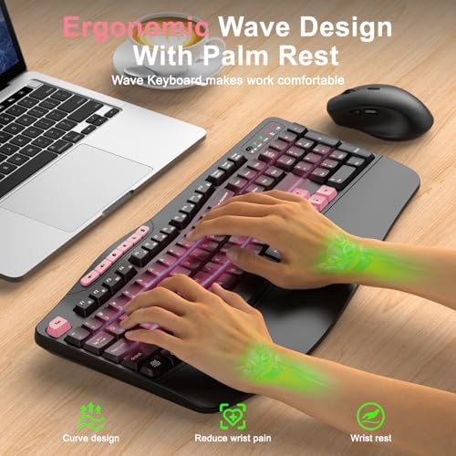 Wireless Keyboard and Mouse Combo, 2.4G Ergonomic Wave Keys(Pink-B)