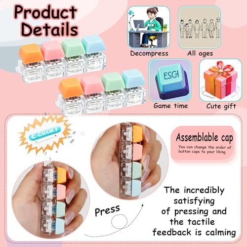 2 PCS Keyboard Fidget Toy, Keyboard Fidget Keychain 4-in-1 Keyboard Decompression Button Finger Clicker Toys, Button Stress Relief Fidget Gifts to Relief Stress (Fours- Pink Orange Blue)