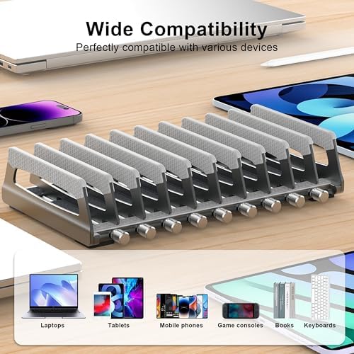Elestoria 10-Slot Vertical Laptop Stand & Holder – Adjustable Aluminum Laptop Stand Vertical for Desk Fits 10 Devices, MacBook & Gaming Laptops (Up to 17.3”) – Space Saving Laptop Storage Rack - Grey