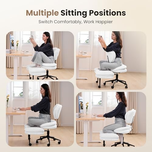 Cross Legged Office Chair, Ergonomic Cloud Criss Cross Desk Chair, Meditation Chair with Wheels, Height Adjustable Seat for ADHD, Wide Kneeling Chair with Back Support, Corduroy Fabric