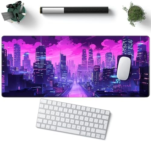 Desk Pad Cyberpunk Purple Desk Mat City Skyline Gaming Extended Mouse Pad Big Office Keyboard Pc Laptop for Women Large Mousepad with Stitched Eges Non-Slip Base Mouse Keyboard Mat 31.5x11.8 in