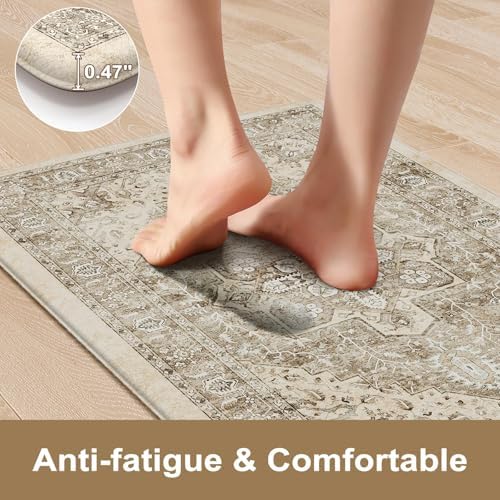 KIMODE Anti Fatigue Kitchen Mats 2 PCS 17"x47"+17"x29.5", Boho Kitchen Rugs and Mats, Non Slip Cushioned Kitchen Mats for Floor, Waterproof Kitchen Floor Mats for Laundry, Office, Sink, Khaki