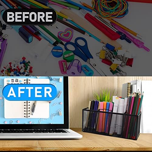 2PCS Black Mesh Pen Pencil Holder, Metal Desk Organizer Desktop Stationery Office Supplies Acessories Storage Stand, 4 Compartments Brushes Holder for Home School Classroom Teachers