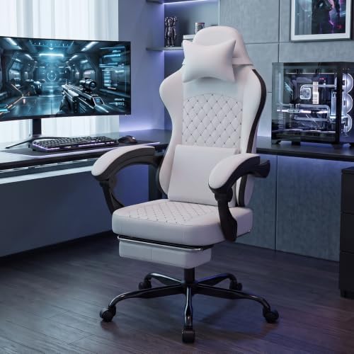 Video Gaming Chair Ergonomic Computer Chairs Gamer Chairs for Adults Massage Lumbar Support Swivel Height Adjustable Headrest Backrest White