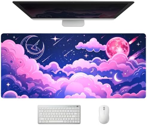 Extended Cute Kawaii Desk Mat, XXL Large Gaming Mouse Pad, Pink Galaxy Cloud Moon Stitched Edges Waterproof with Non-Slip Rubber Base for Computer Keyboard Laptop Work Home Office 35.4"x15.7"