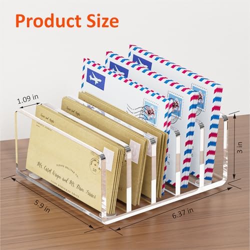 FUCDTEFC Desk Mail Organizer, 5 Section Clear Acrylic File Holder Letter Organizer, Vertical Lightweight Modern Envelope Holder Desk Accessories & Workspace Organizers for Office, Home, School