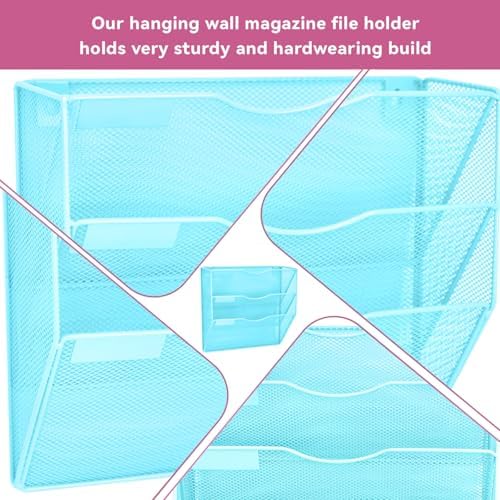 3 Pockets Mesh Wall File Holder Organizer Office Hanging File Folder Magazine Rack, Nametag Label Hooks Set Included (Blue)