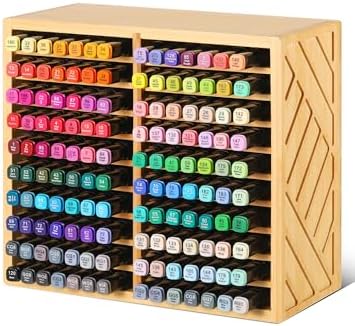 Bamboo Marker Organizer for Desk, Marker Storage Organizer for 140 Markers，Pens, Pencils and Art Brushes，Wooden marker holder for Home, Classroom and Office Decor,Bamboo