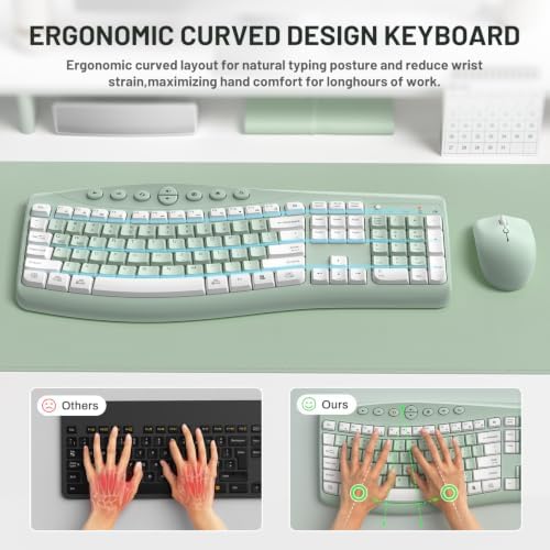 Wireless Keyboard and Mouse Combo Silent Ergonomic Curved Design for Office