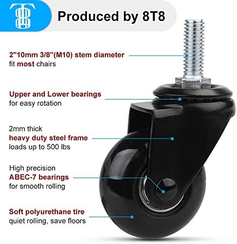 Caster Wheels 2'', Heavy Duty Soft PU Wheels with Threaded Stem 3/8''-16x1(Not Metric M10), Quiet and Smooth Rolling, Safe for Hardwood Tile Carpet Floors, Set of 5