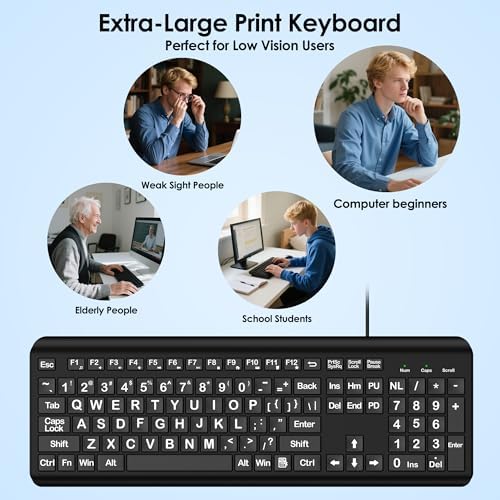 EDJO Large Print Computer Keyboard, Wired USB Full Size Quiet Keyboard with 4X Oversized Print Letters for Visually Impaired Low Vision Individuals Easy to See and Type for PC, Laptop,Windows