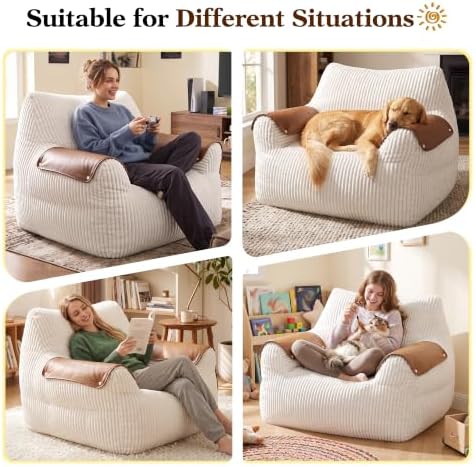 Homkdom Bean Bag Chairs for Adults, Bean Bag Sofa with Armrests, White