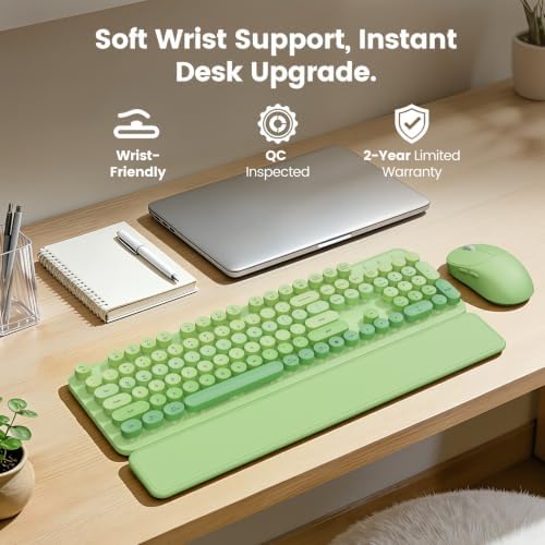 Wireless Keyboard and Mouse Combo, Magnetic Soft-Touch Wrist Rest, Round Keycaps, Full-Size Retro Typewriter Keyboard, 2-Stage Tilt Legs, Auto Sleep, 2.4GHz Cordless for Windows PC (Green Ombre)