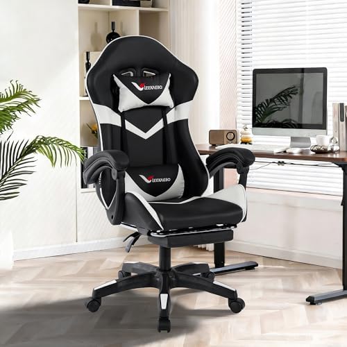 Gaming Chair for Adults, Ergonomic Computer Gaming Chair with Footrest & Lumbar Support, Height Adjustable 360° Swivel Reclining Home Office Desk Chair (Black & White)