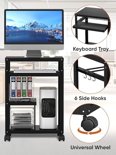 AV Presentation Cart with Keyboard Tray Mobile AV Cart Stand Metal Media Cart with Wheels for Projector Height Adjustable Computer Workstation Presentation Cart for School Classroom Office