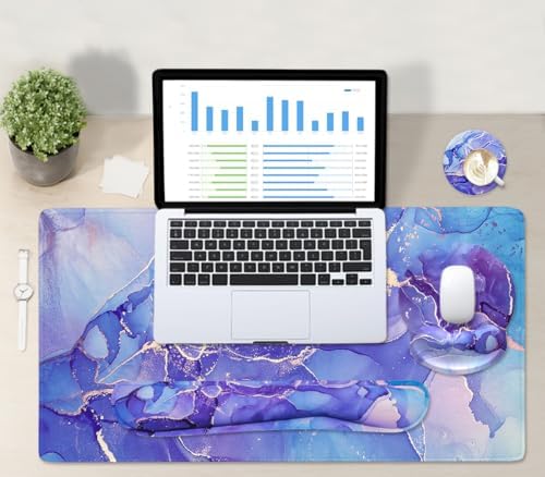 4-in-1 Gaming Mouse Pad Wrist Support Set，Desk Pad + Mouse Pad with Wrist Rest + Keyboard Wrist Rest + Coaster, Ergonomic Design for Home Office Study Game - Purple Marble