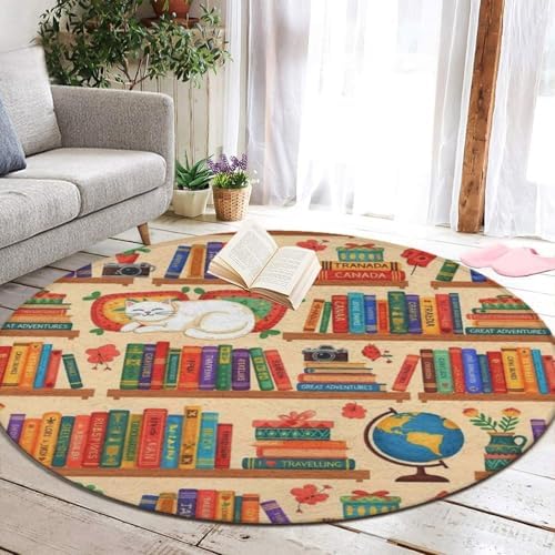 Large Home Decor Mat, Soft Round Yoga Carpet, Non-Slip Machine Washable Home Office Circle Rug Compatible with Sleeping Cat Library Bookshelf