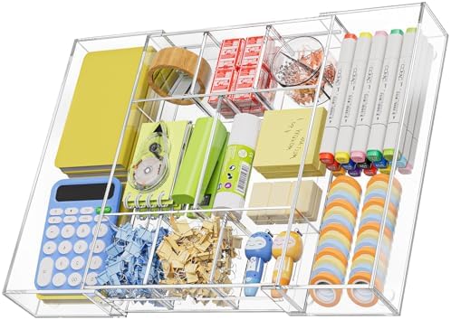 Marbrasse Acrylic Expandable Drawer Organizer, Clear Desk Drawer Organizer Tray with 5 Dividers, Desk Organizers and Accessories, 10 Adjustable Compartments for Office Supplies, Makeup & Vanity