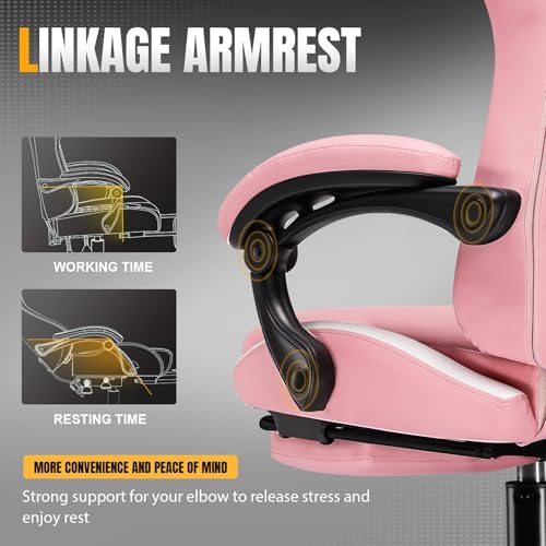 GTPLAYER Gaming Chair with Pocket Spring Cushion, Leather Office Chair with Ergonomic High Back & Lumbar Support for Back Pain Relief, Computer Game Chair for Adults, Pink