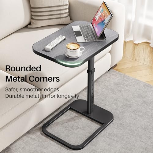 Kitstorack TV Tray Table, Adjustable Height & Rounded Metal Corners, Snack Table for Couch, Sofa, Bed, Chair, Living Room, C Shaped End Side Table for Eating, Dinner or Laptop, Small Spaces, Dark Gray