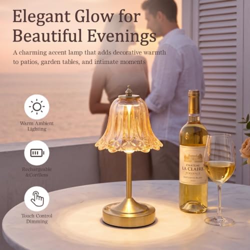 Cordless Table Lamp, Rechargeable Amber Glass Tulip Flower Touch Lamp