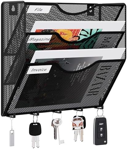 EasyPAG 3 Pocket Mesh Wall File Organizer with Key Hooks, Hanging Paper Folder Holder with Classify Label, Vertical Wall Mount Mail Organizer for Office Home Classroom, Black