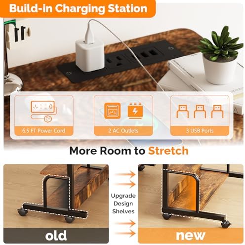 FCH 31.5" Mobile Small Standing Desk, Adjustable Height Mobile Computer Desk, w/2 AC Outlets + 3 USB Ports & Hooks, Storage Shelves, Suitable for Gaming, Studying, Home Office, Vintage Brown