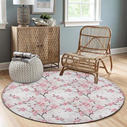 Large Home Decor Mat, Soft Round Yoga Carpet, Non Slip Machine Washable Home Office Circle Rug Cherry Flowers Blossom Japanese Art, 36inch
